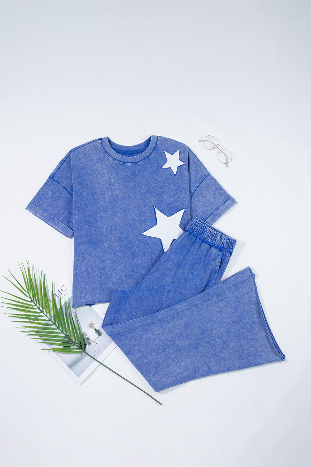 Acid Wash Star Patched Rolled Trim Pants Set
