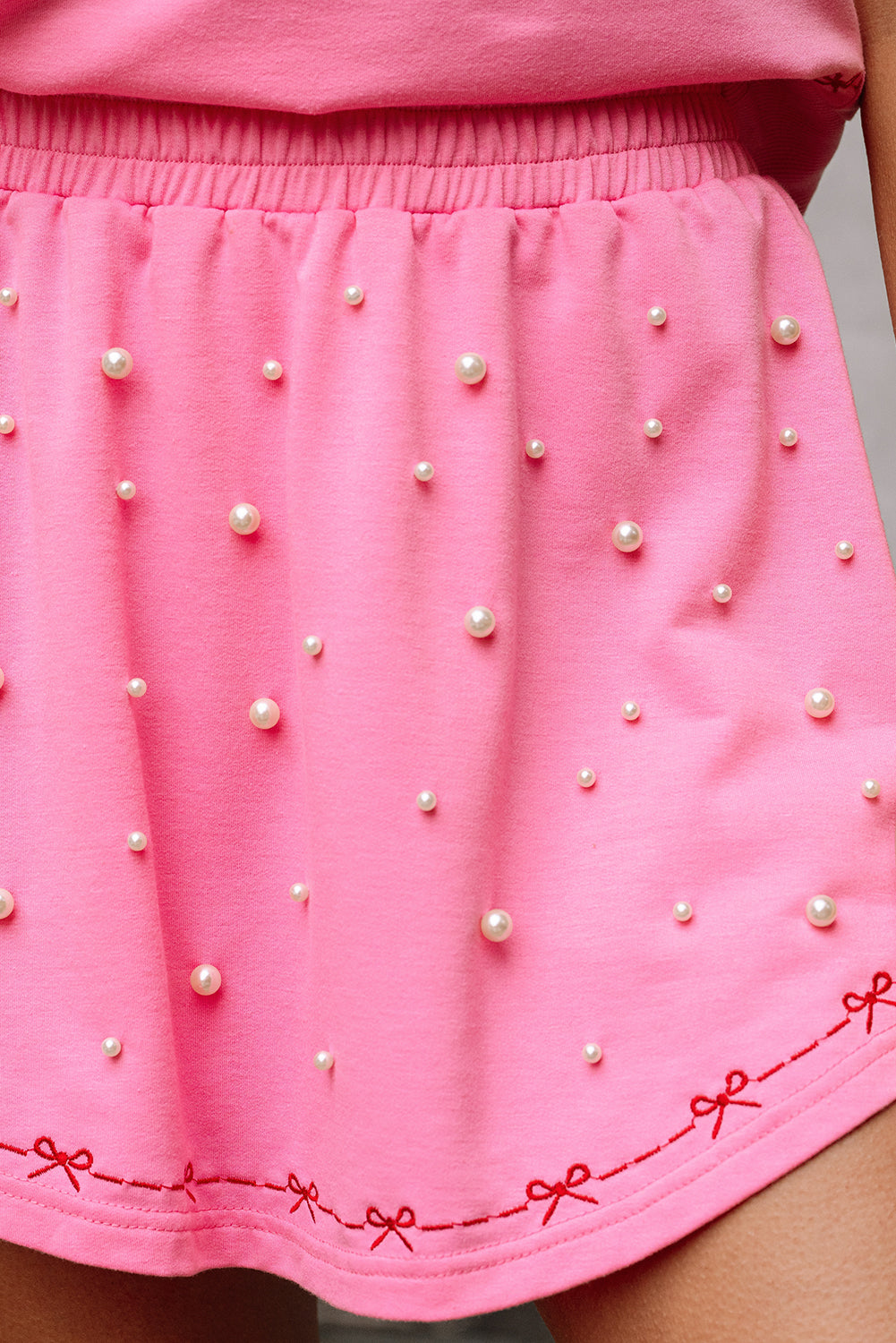 Bow Trim Pearl Puff Sleeve Blouse and Skort 2pcs Set