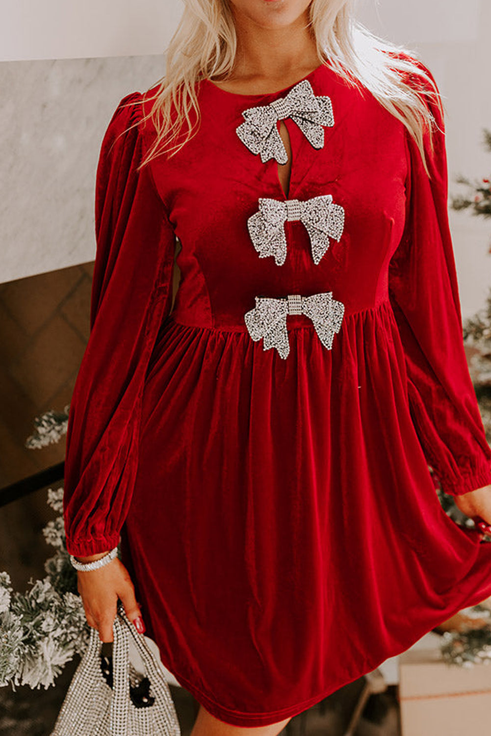 Pre Order/ Arrives in 3 Weeks! Bow Velvet Mini Dress