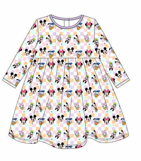 Premium purple character print bamboo checkered dress