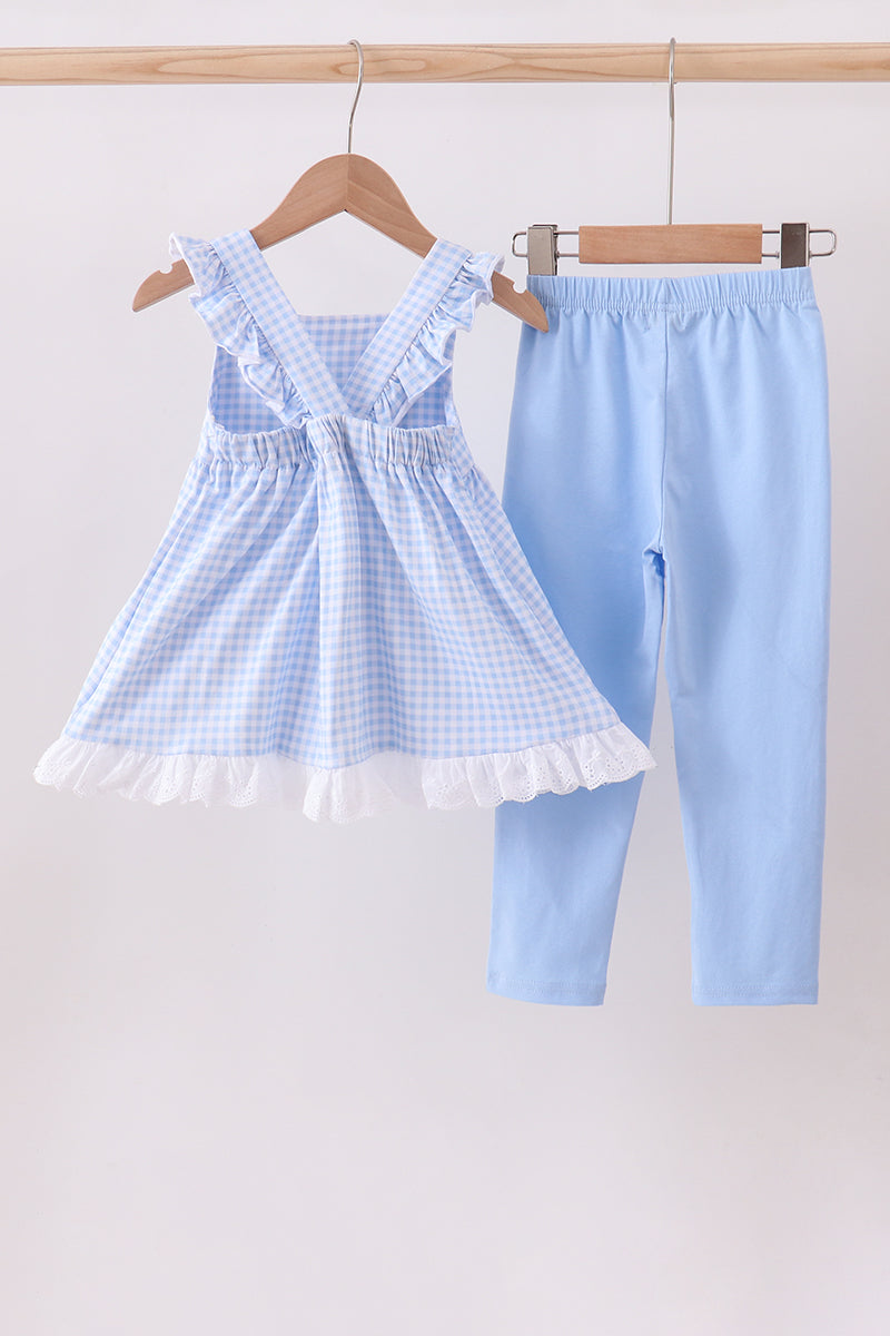 Premium blue snowman embroidery gingham ruffle pants set