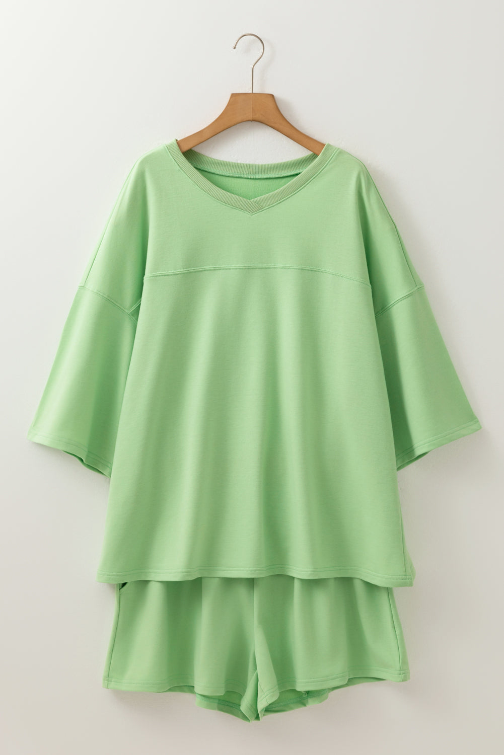 Curvy Size V Neck Drop Shoulder Tee Loose Shorts 2pcs Outfit