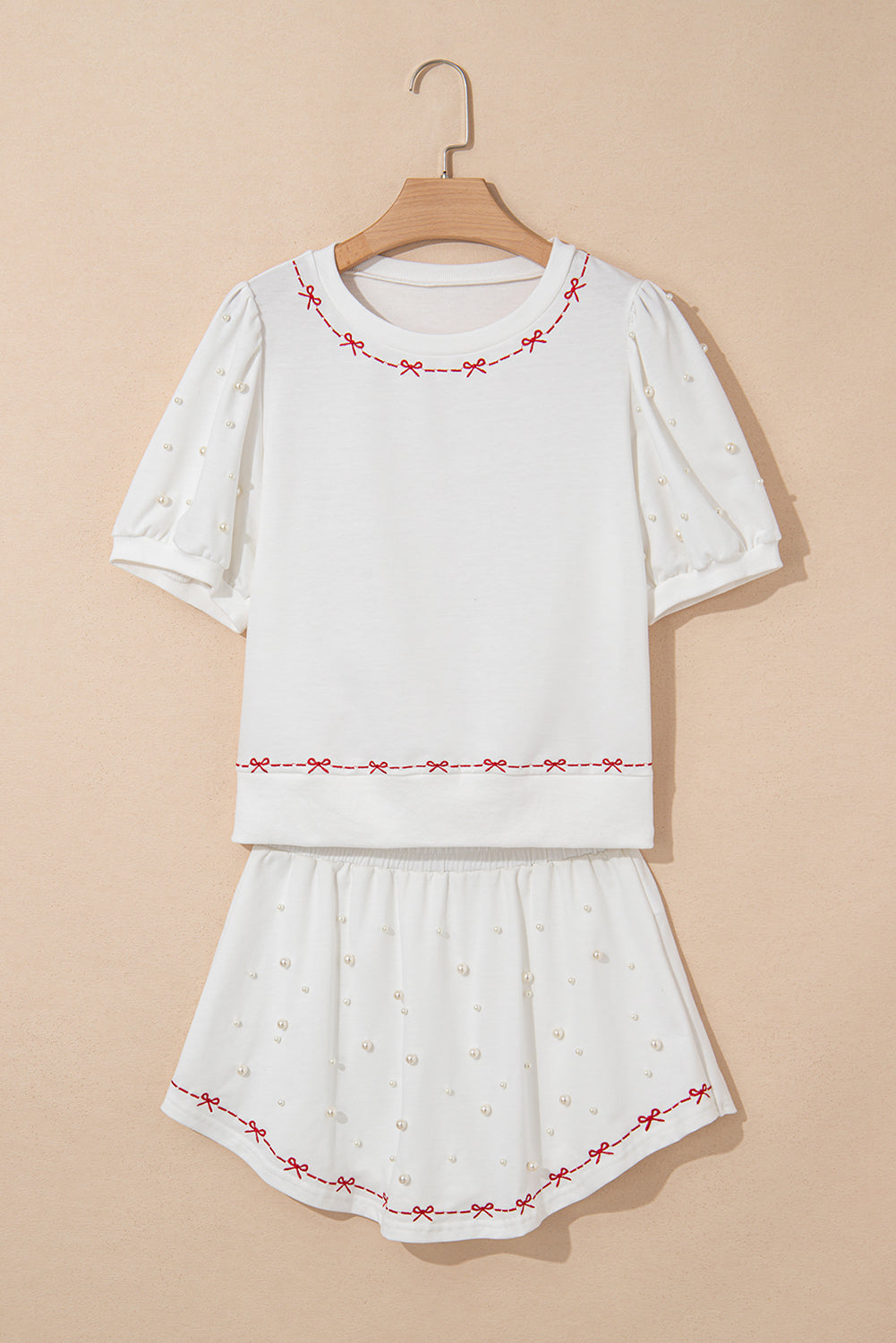 Bow Trim Pearl Puff Sleeve Blouse and Skort 2pcs Set