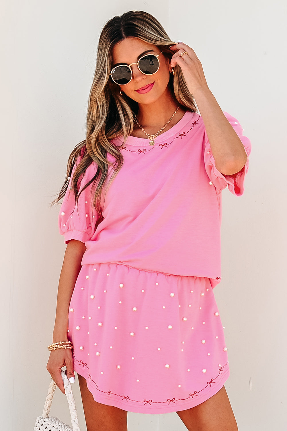 Bow Trim Pearl Puff Sleeve Blouse and Skort 2pcs Set