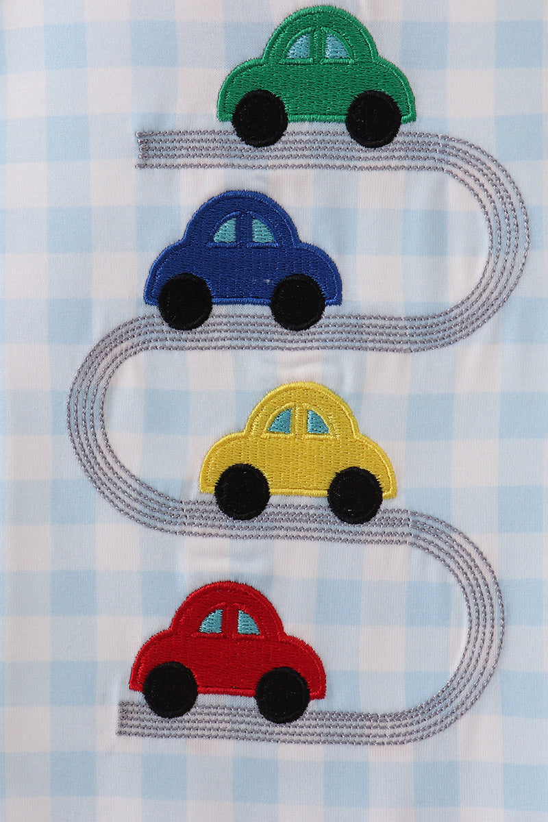 Blue car embroidery gingham romper