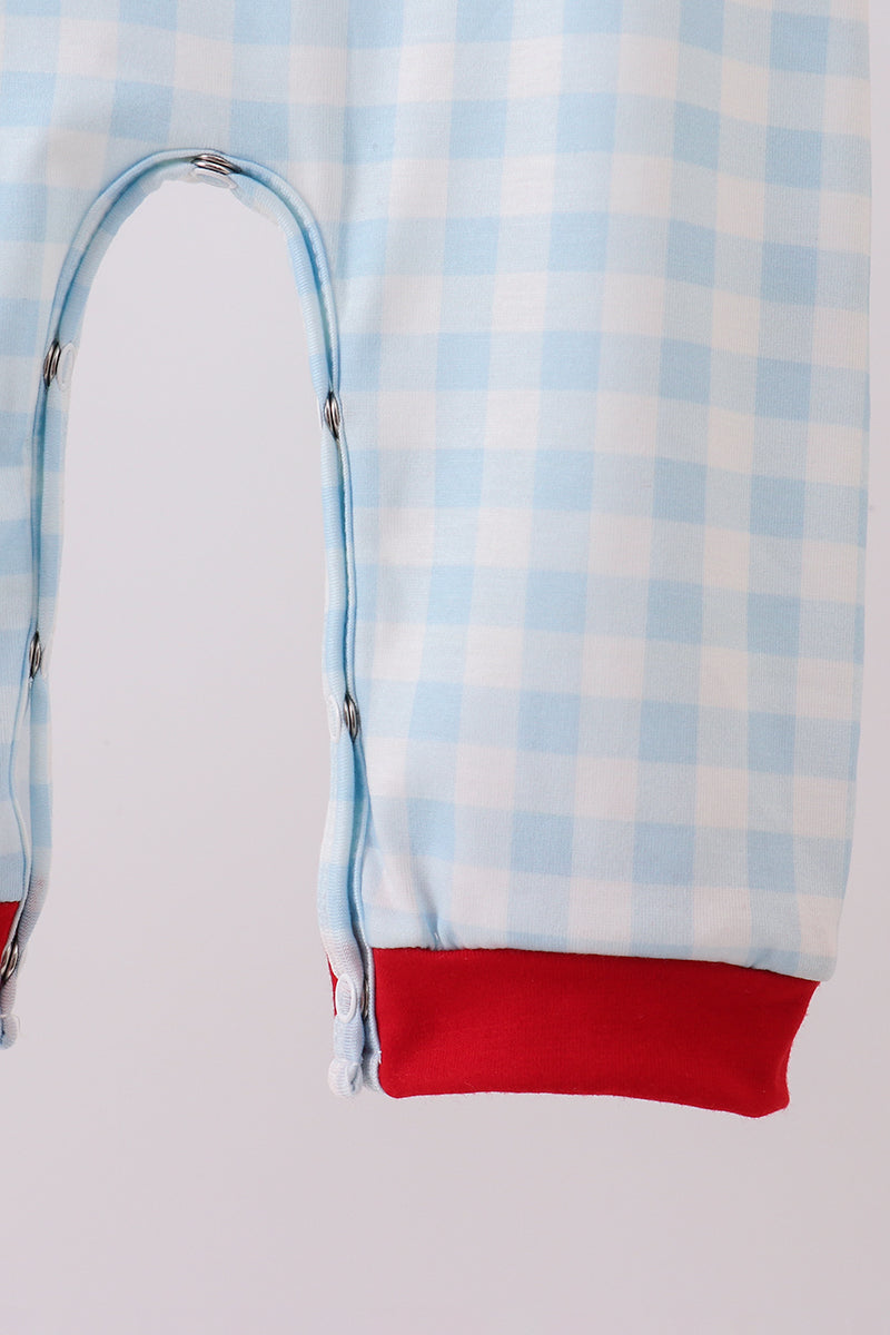 Blue car embroidery gingham romper