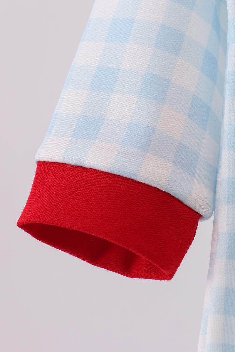 Blue car embroidery gingham romper
