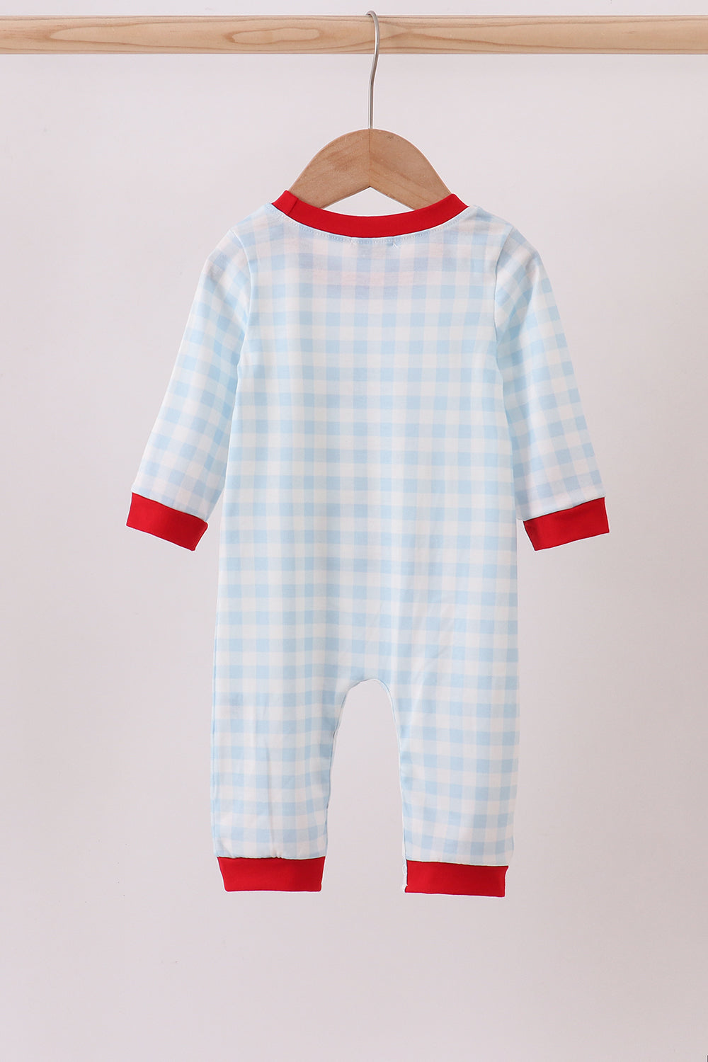 Blue car embroidery gingham romper