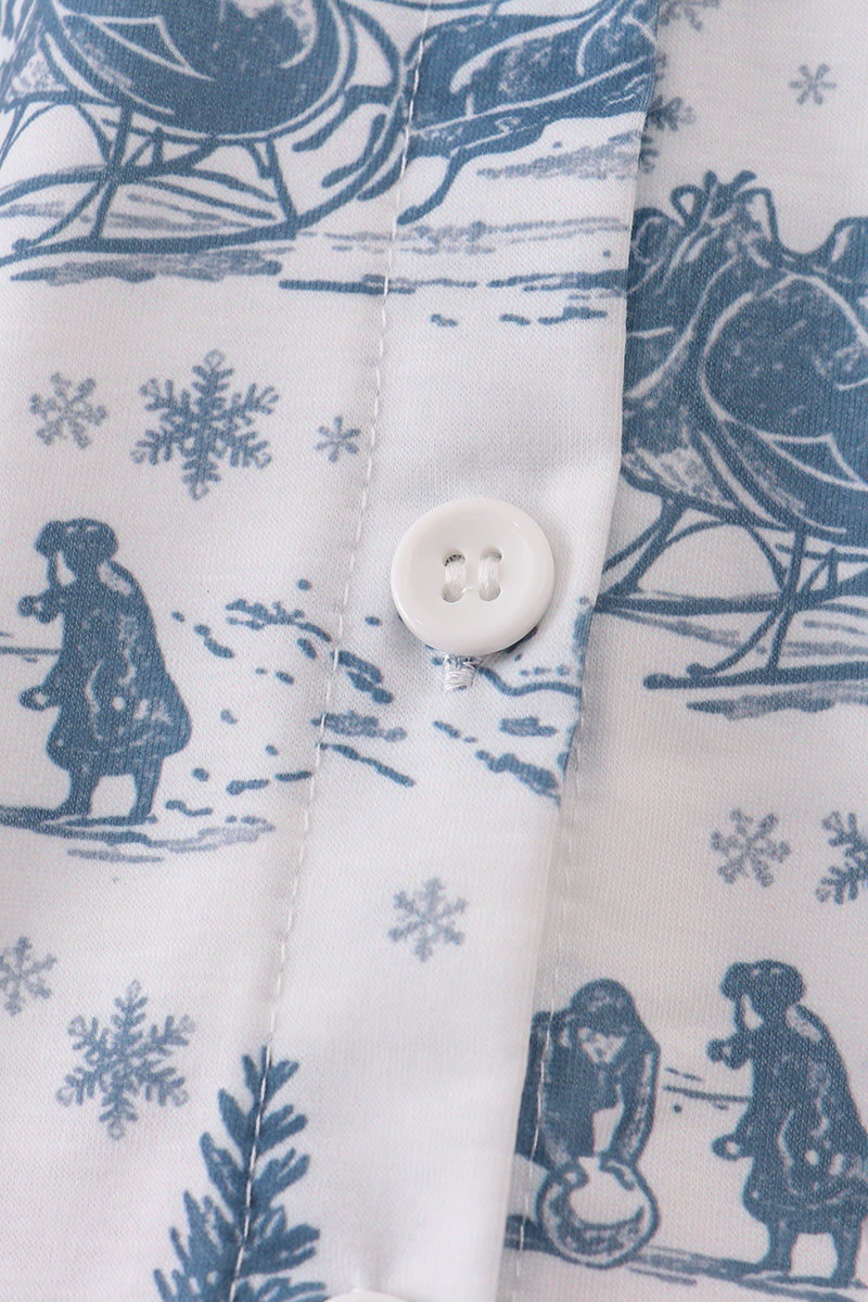 Blue christmas reindeer tree button down shirt