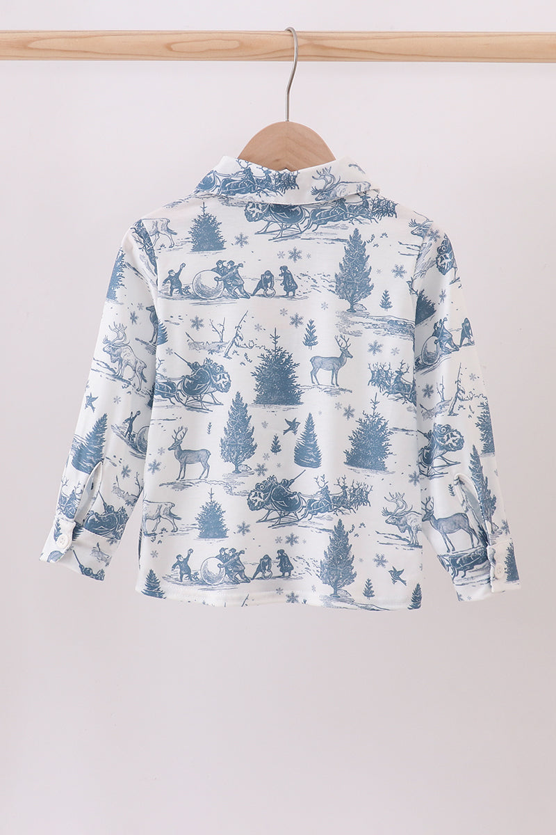 Blue christmas reindeer tree button down shirt