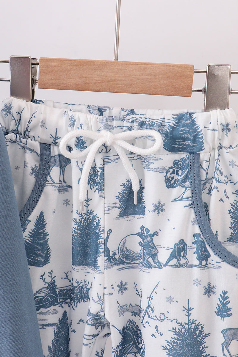 Blue christmas reindeer tree button down shirt