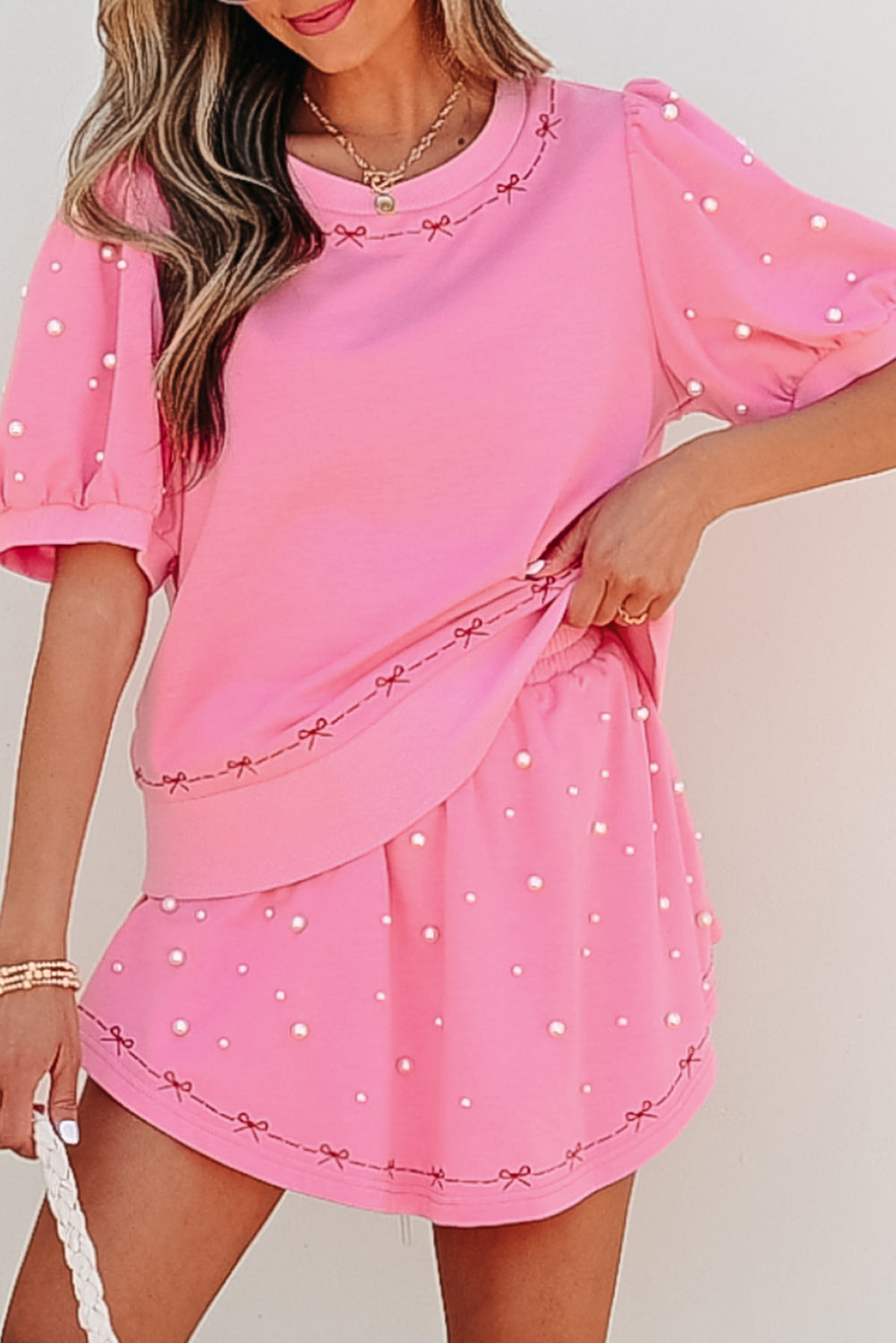 Bow Trim Pearl Puff Sleeve Blouse and Skort 2pcs Set