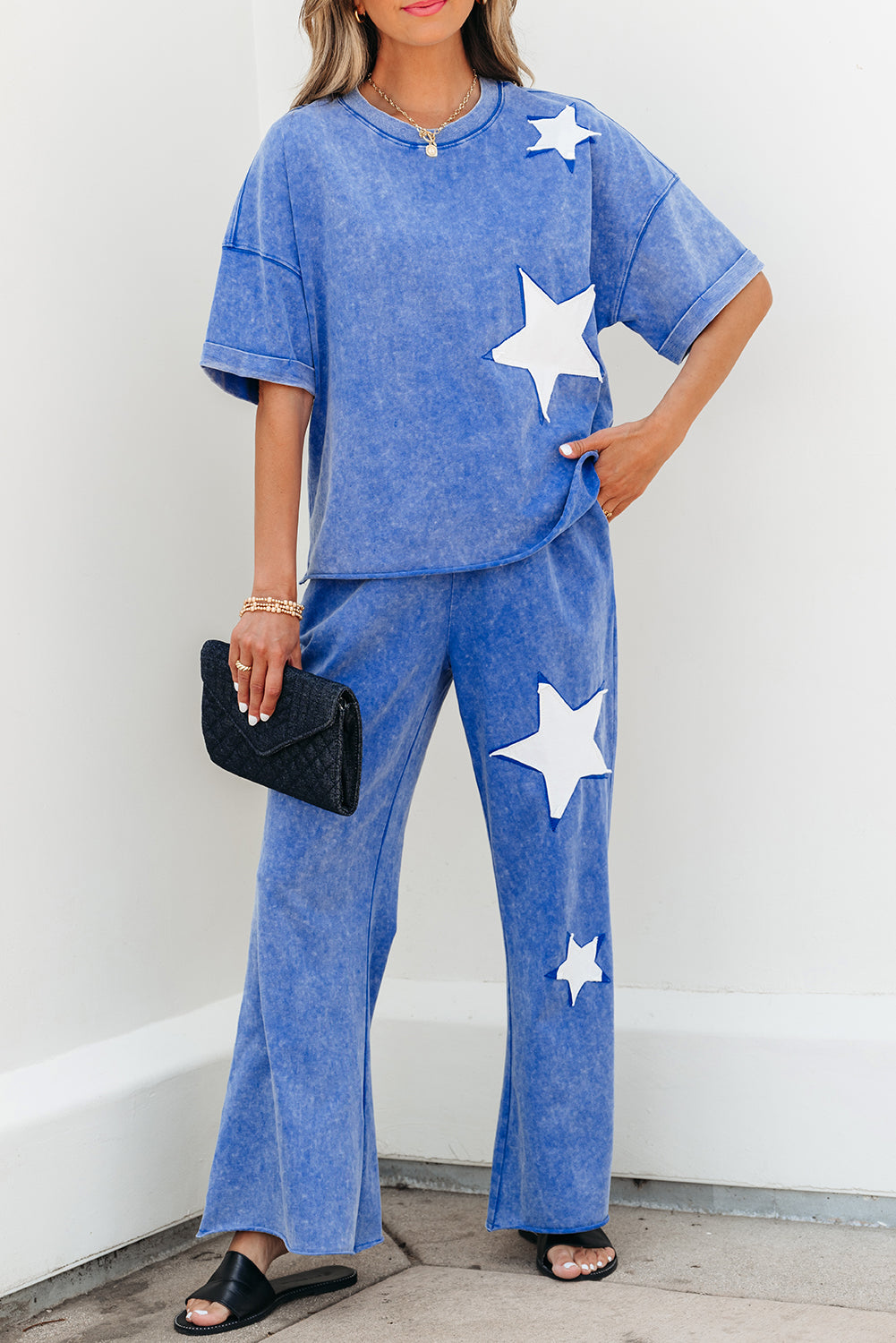 Acid Wash Star Patched Rolled Trim Pants Set