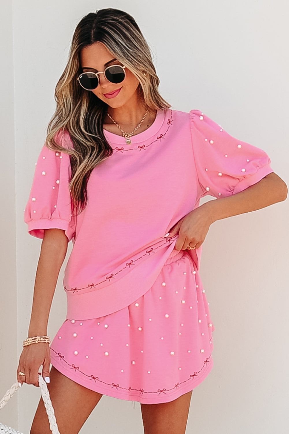 Bow Trim Pearl Puff Sleeve Blouse and Skort 2pcs Set