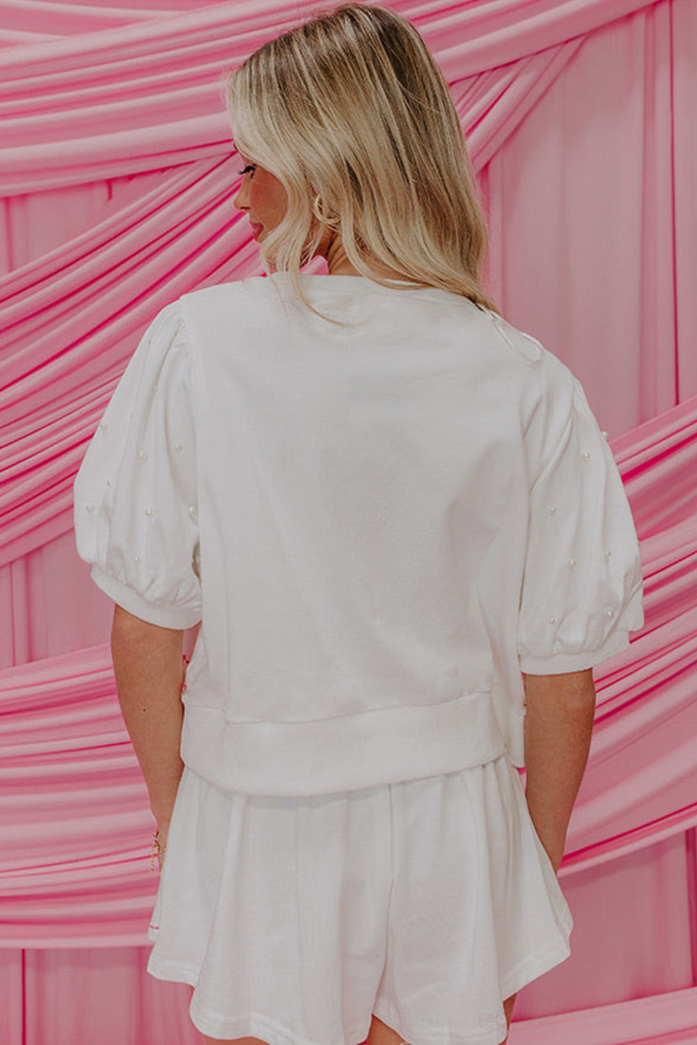 Bow Trim Pearl Puff Sleeve Blouse and Skort 2pcs Set