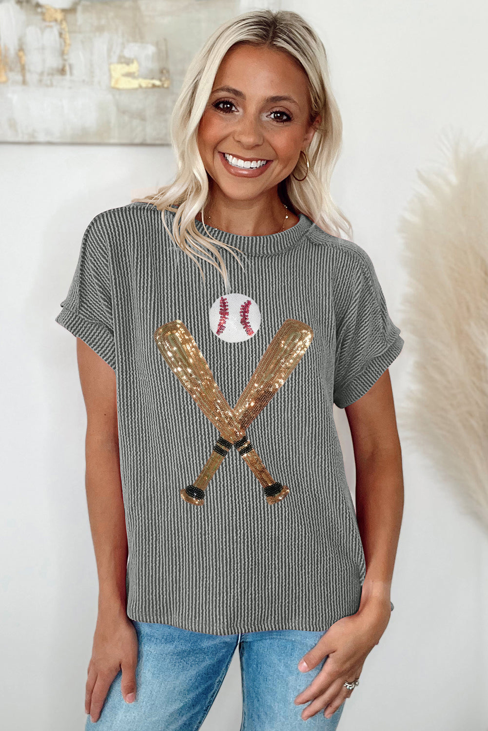 Sequin Baseball Pattern Corded Crewneck T Shirt
