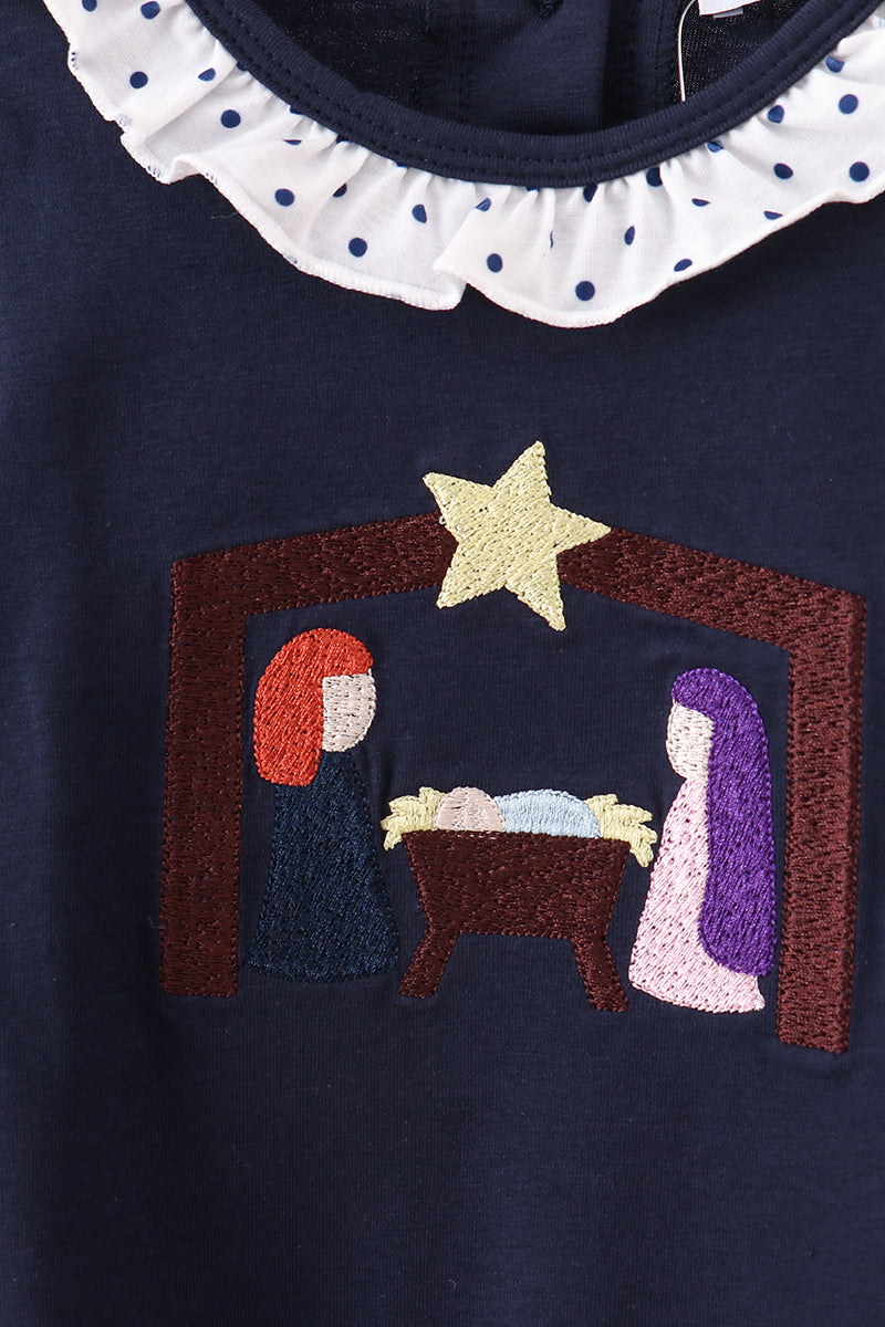 Navy nativity embroidery ruffle romper