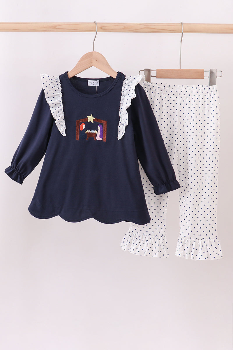 Navy nativity embroidery ruffle pants set