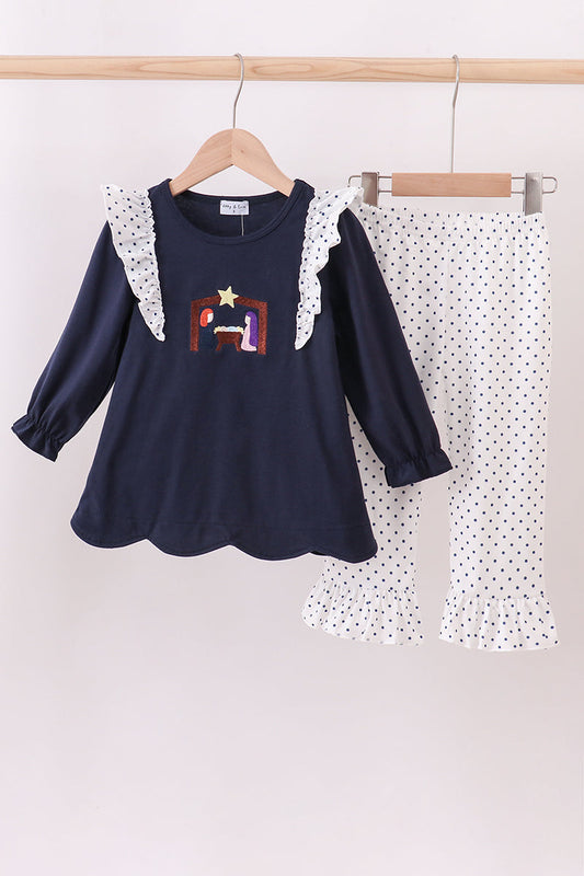 Navy nativity embroidery ruffle pants set