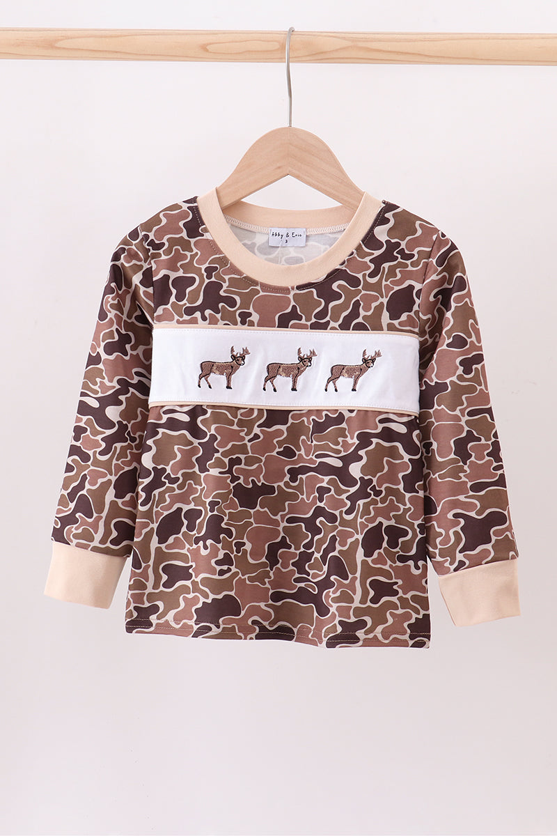 Camouflage deer embroidery ruffle top
