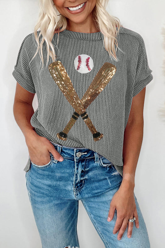 Sequin Baseball Pattern Corded Crewneck T Shirt