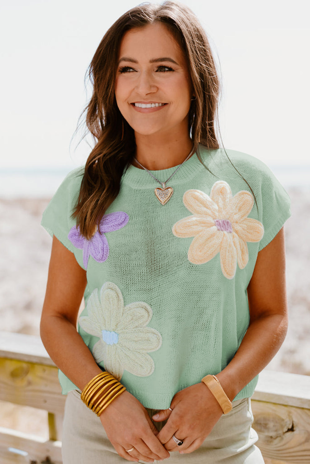 Crochet Flower Knit Short Sleeve Sweater Top