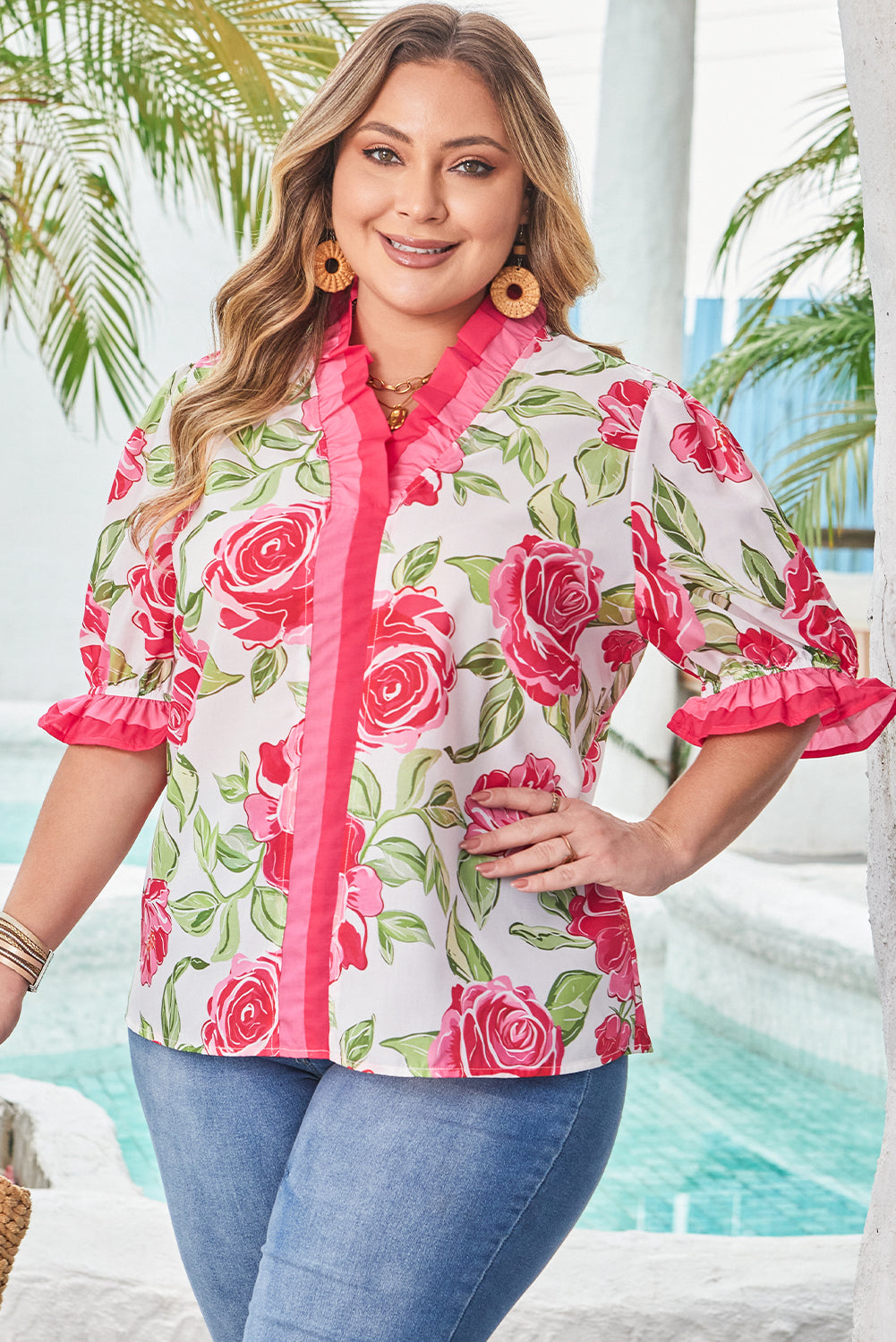 Give Me Roses Frilled Stripes Curvy Short Sleeve Blouse
