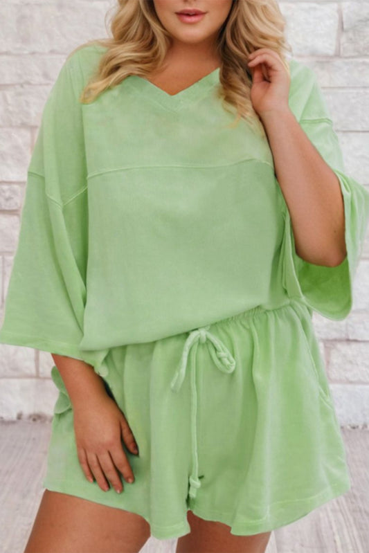 Curvy Size V Neck Drop Shoulder Tee Loose Shorts 2pcs Outfit