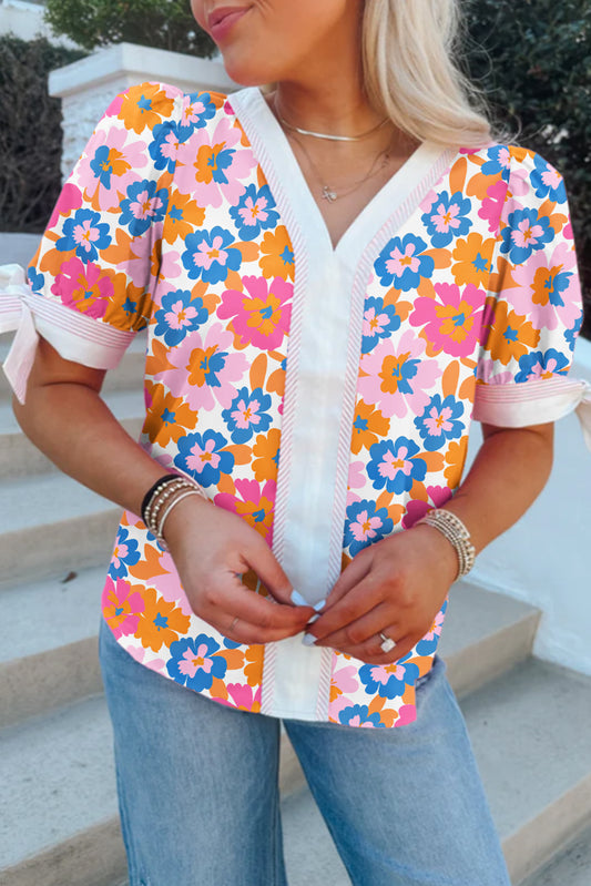 Spring Floral Knotted Short Sleeve Blouse