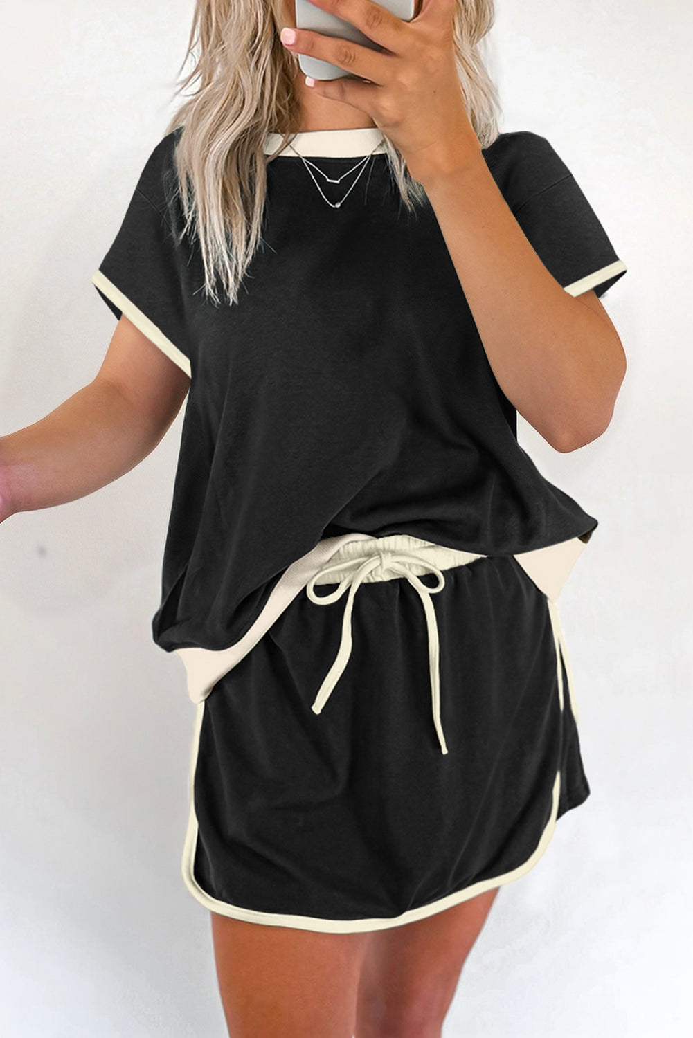 Bonbon Colorblock Edge Drop Shoulder T Shirt and Skort 2Pcs Set