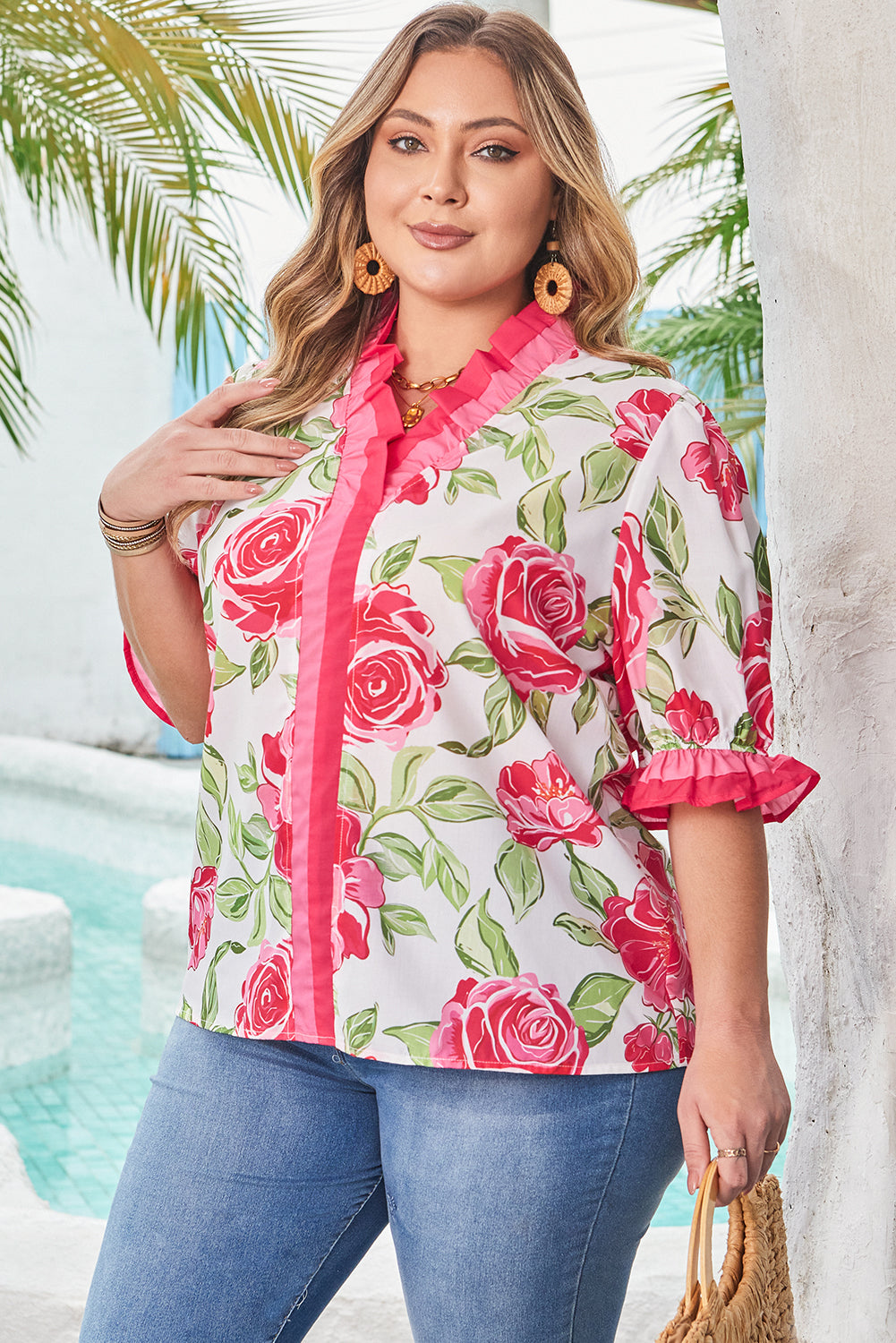 Give Me Roses Frilled Stripes Curvy Short Sleeve Blouse