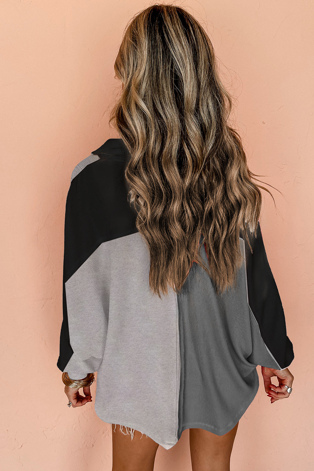 Pink Colorblock Ribbed Collared Oversized Sweatshirt