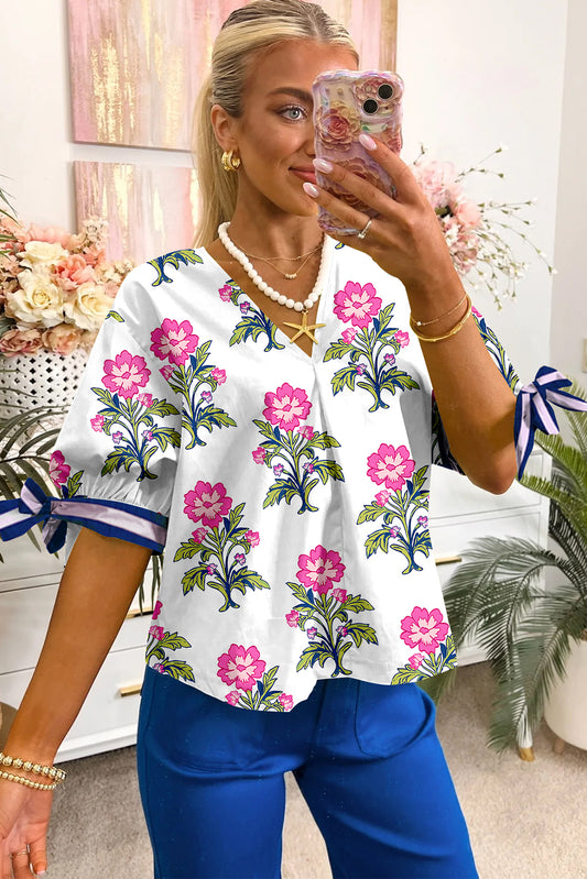 Pink Floral /Tie Sleeve Blouse