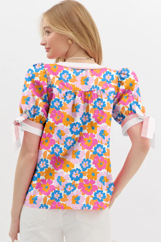 Spring Floral Knotted Short Sleeve Blouse