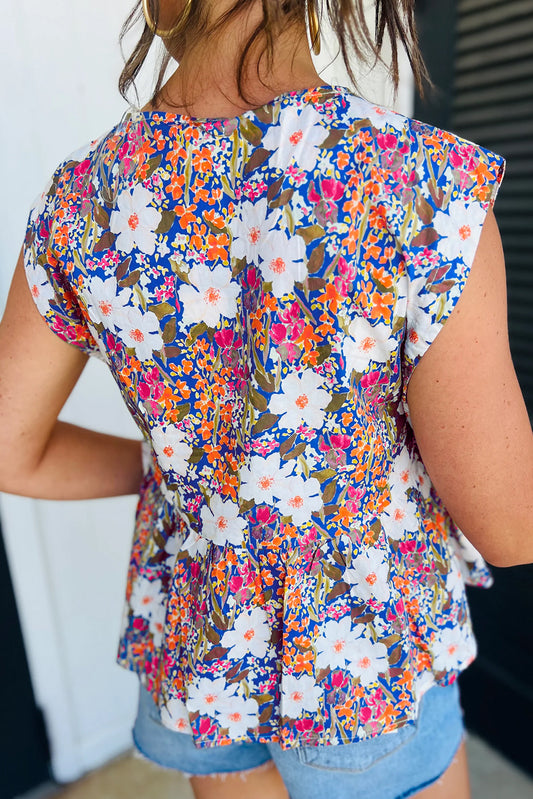 Floral Print Bow Applique Slit Sleeveless Peplum Blouse