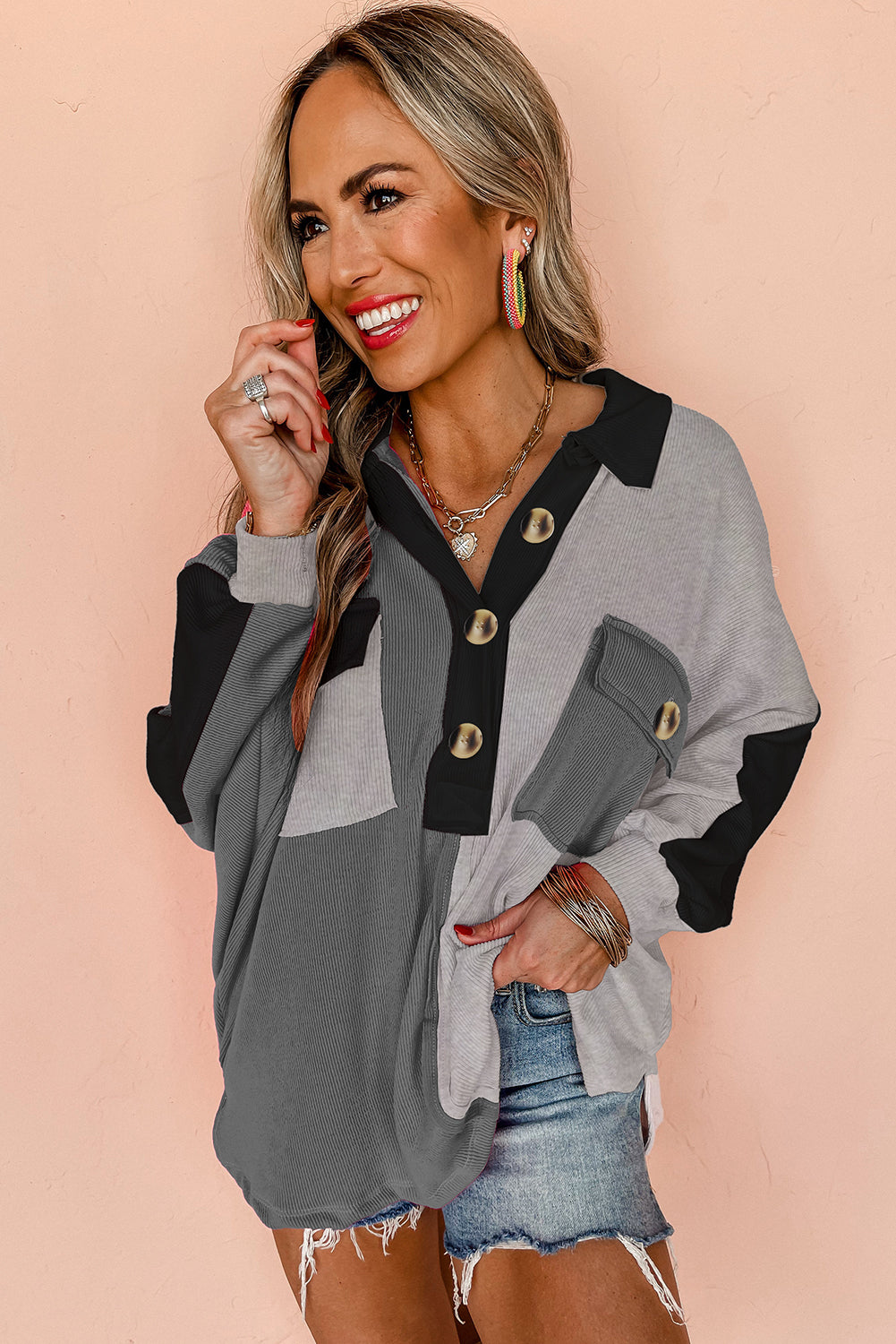 Pink Colorblock Ribbed Collared Oversized Sweatshirt