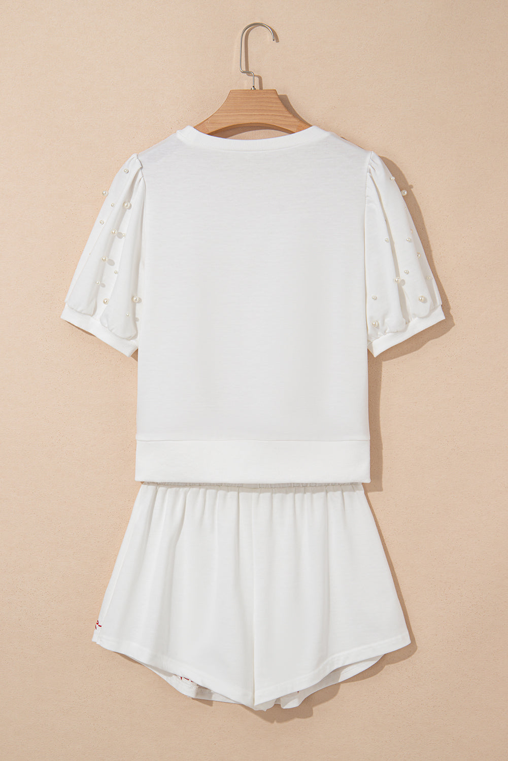 Bow Trim Pearl Puff Sleeve Blouse and Skort 2pcs Set