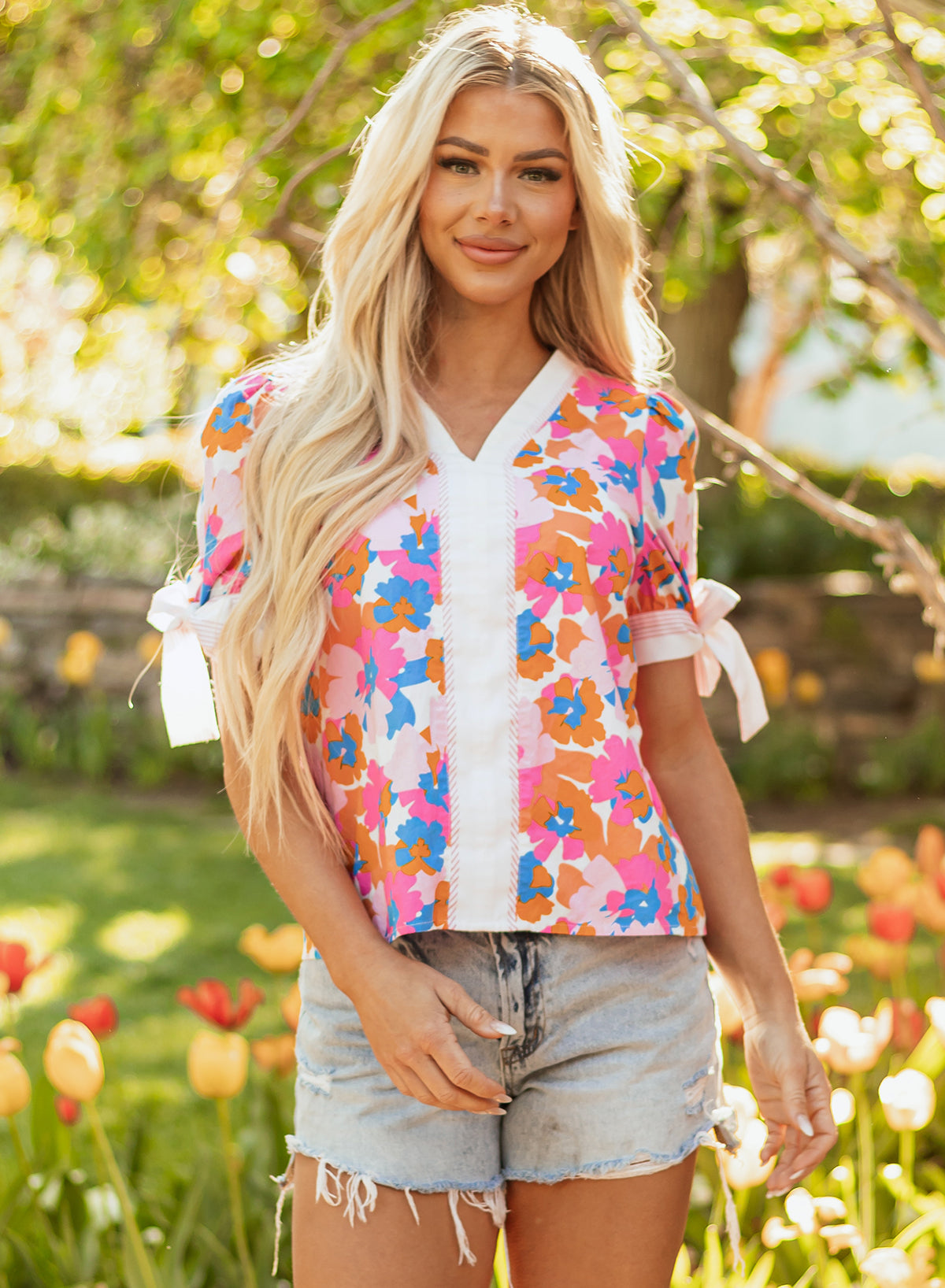 Spring Floral Knotted Short Sleeve Blouse