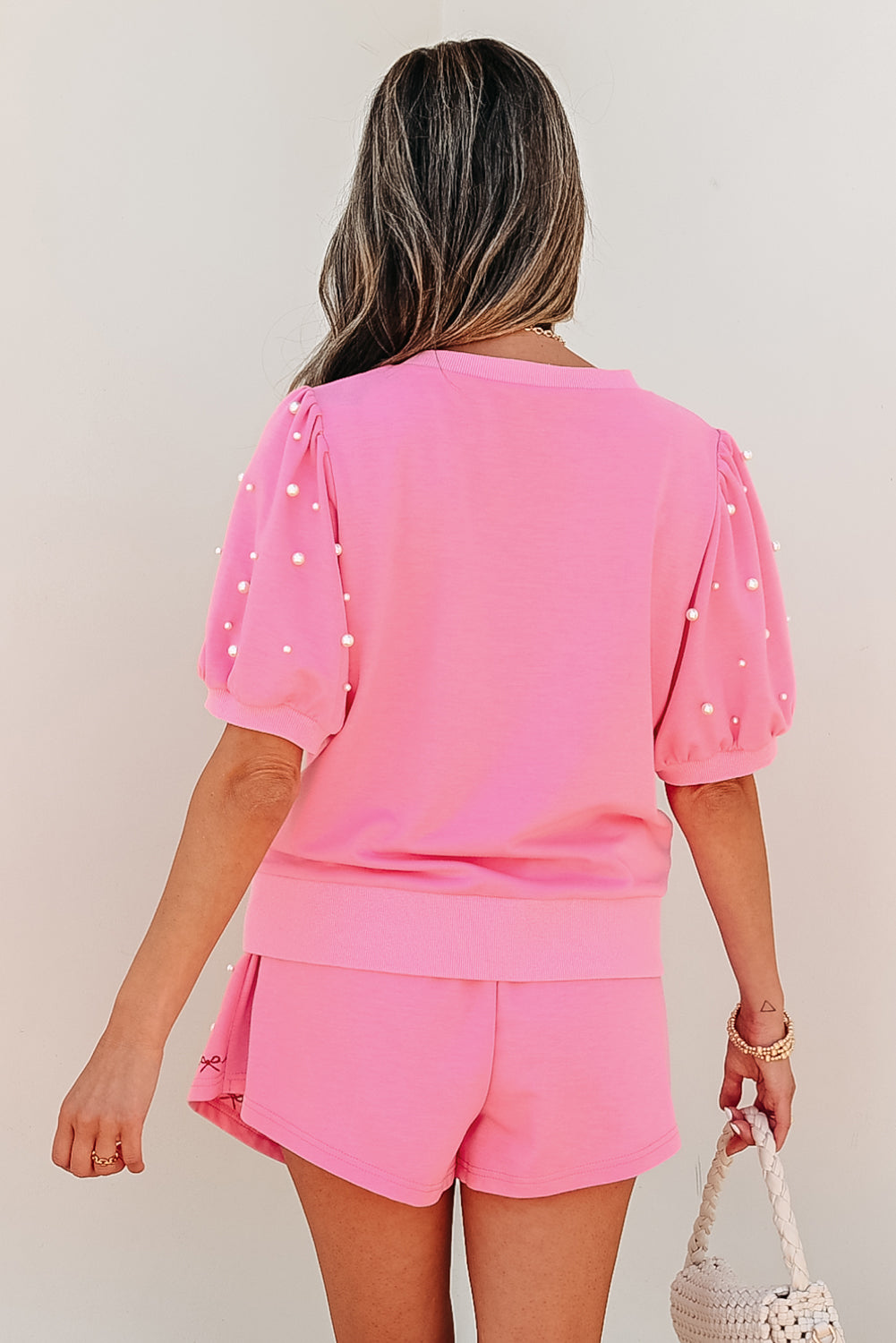 Bow Trim Pearl Puff Sleeve Blouse and Skort 2pcs Set