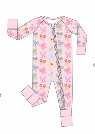 Premium whimsical bows ruffle bamboo romper