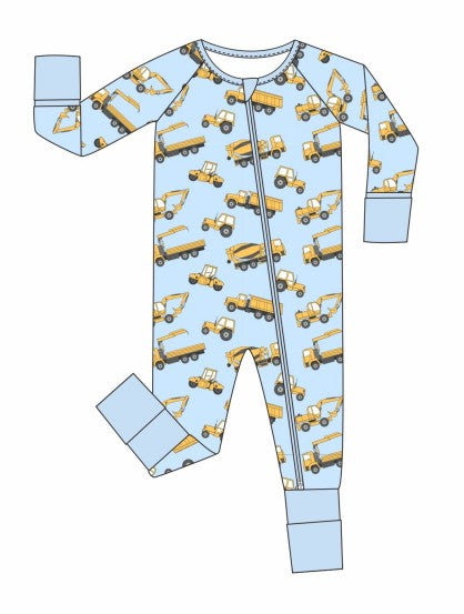 Premium blue excavator print bamboo romper