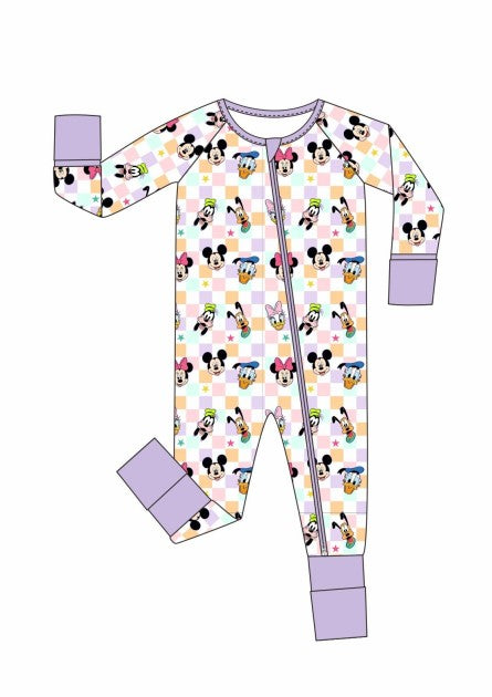 Premium purple character print checkered bamboo romper