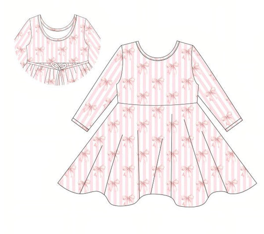 Premium blush bow stripe print ruffle bamboo dress