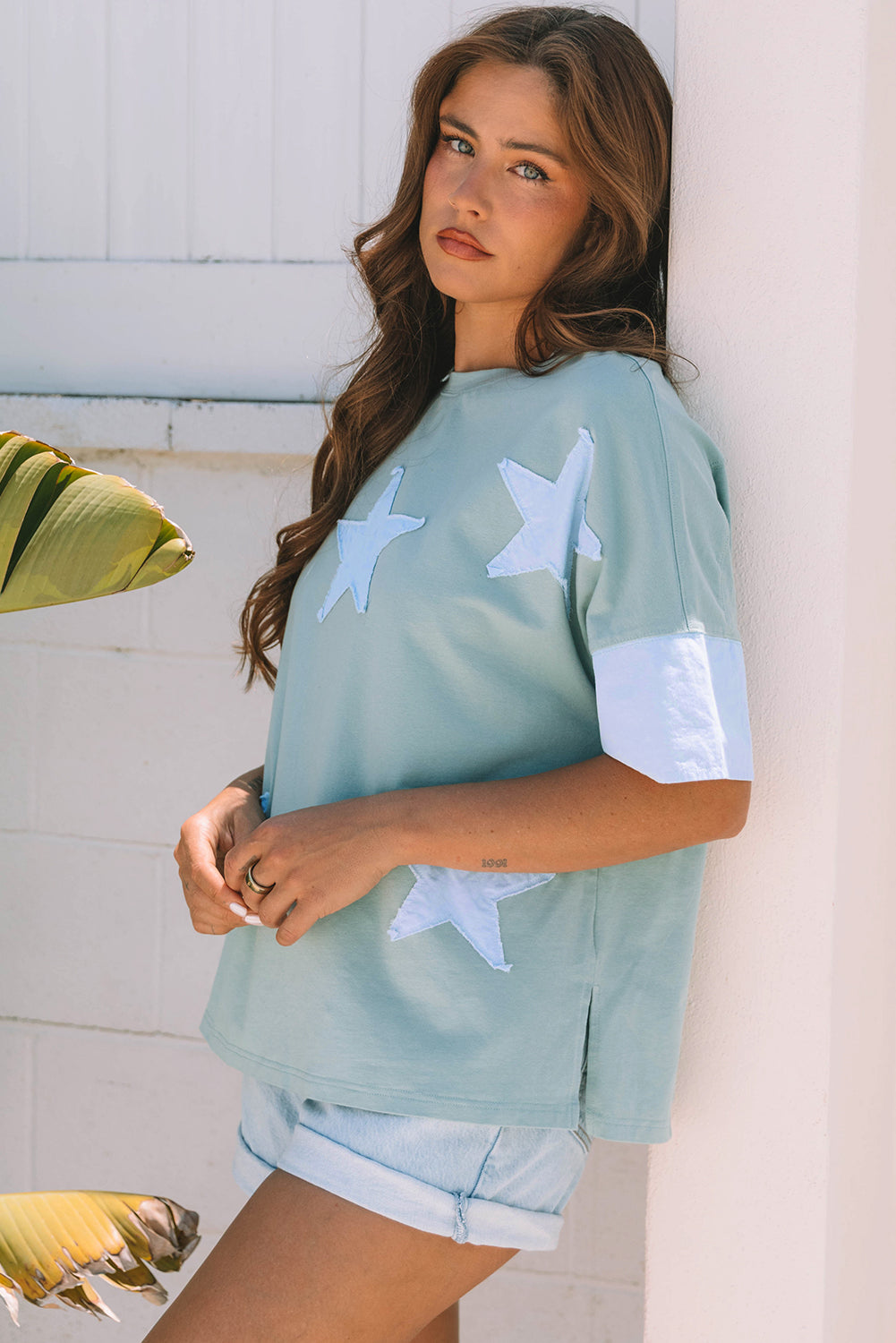 Smoke Green Star Patched Oversize T Shirt- POL DUPE