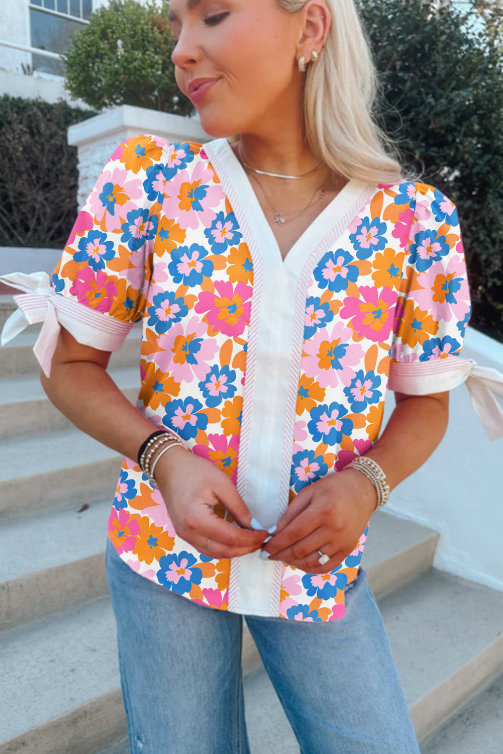 Spring Floral Knotted Short Sleeve Blouse