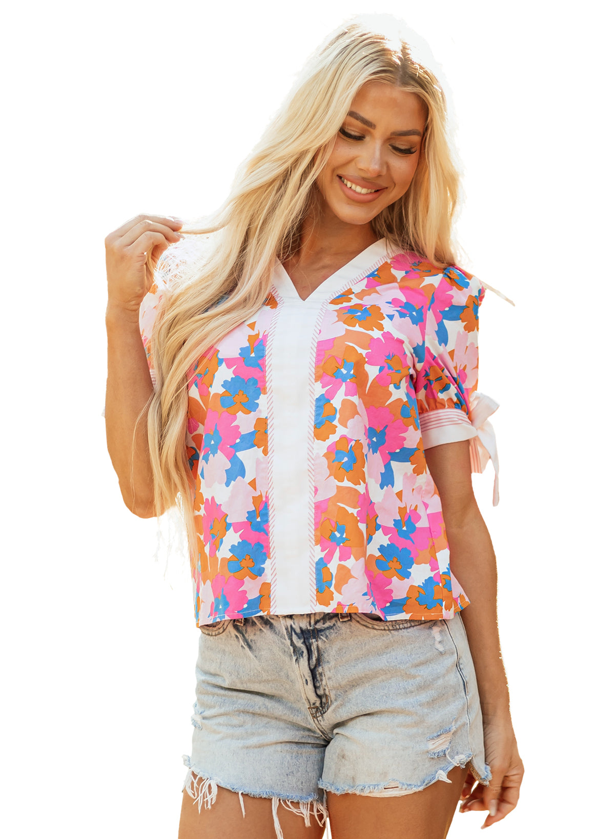 Spring Floral Knotted Short Sleeve Blouse