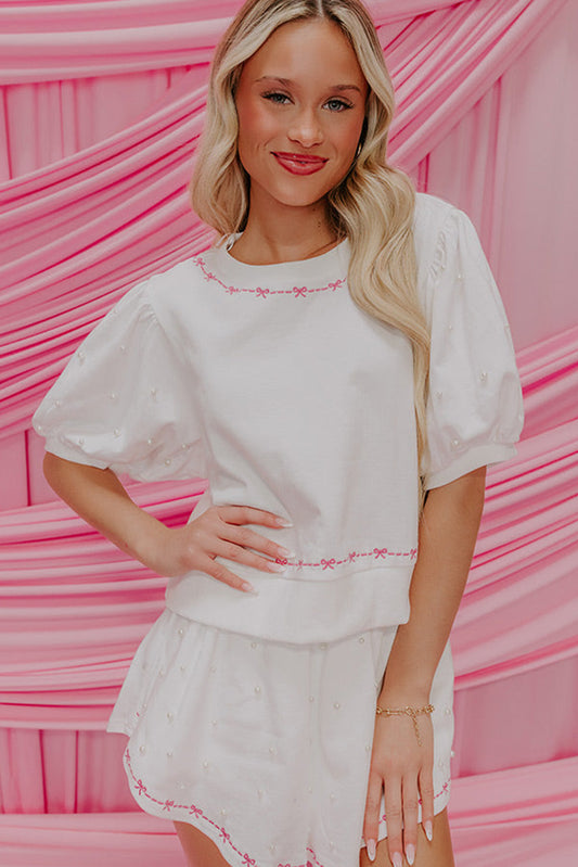 Bow Trim Pearl Puff Sleeve Blouse and Skort 2pcs Set