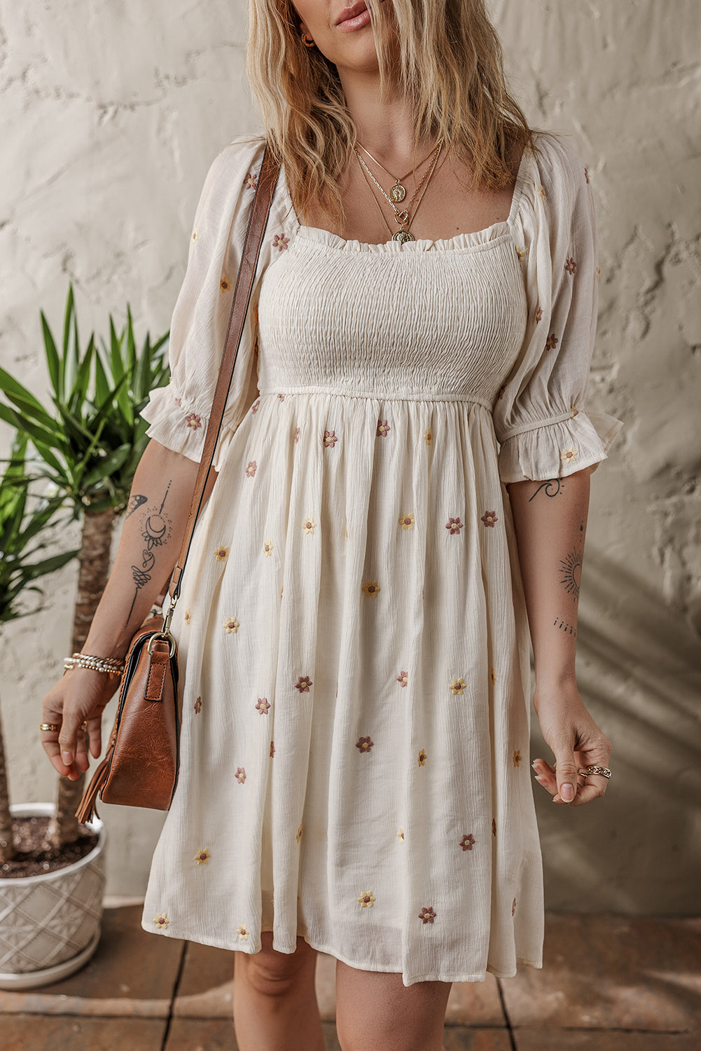 Beige Embroidered Flower Smocked Dress