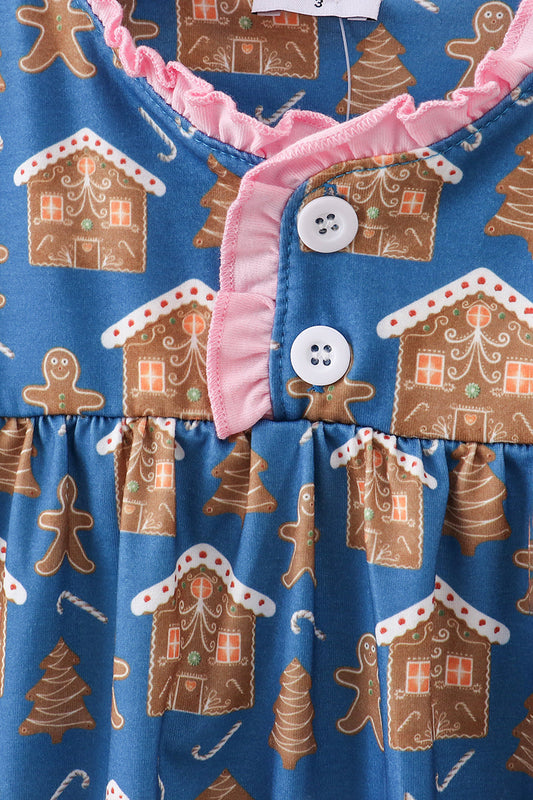 Navy gingerbread print ruffle gown