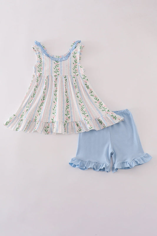 Blue floral print ruffle shorts set